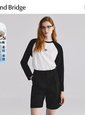 MB MindBridge【纯棉】女士美式插肩T恤秋季撞色长袖简约休闲上衣