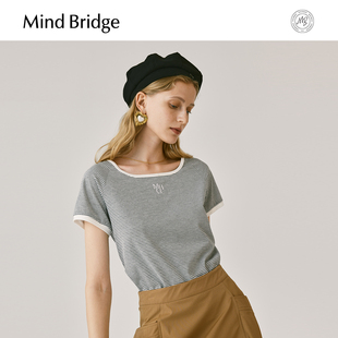 美式 T恤夏季 复古休闲上衣 MindBridge百家好女士方圆领条纹短袖