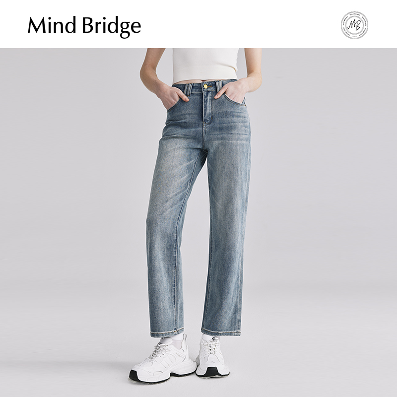 Mind Bridge秋季复古窄版牛仔裤女士美式直筒裤长裤高腰显瘦裤子