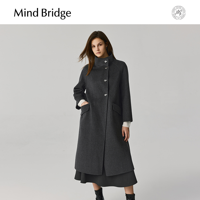 MB MindBridge女士冬季立领长款毛呢大衣2024新款双