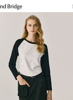 Mind Bridge美式休闲拼色长袖T恤秋季收腰短款女士插肩袖纯棉上衣
