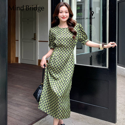 MindBridge泡泡袖格纹连衣裙
