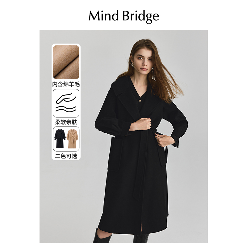 Mind Bridge女士中长款大衣2024新款翻领毛呢外套冬收