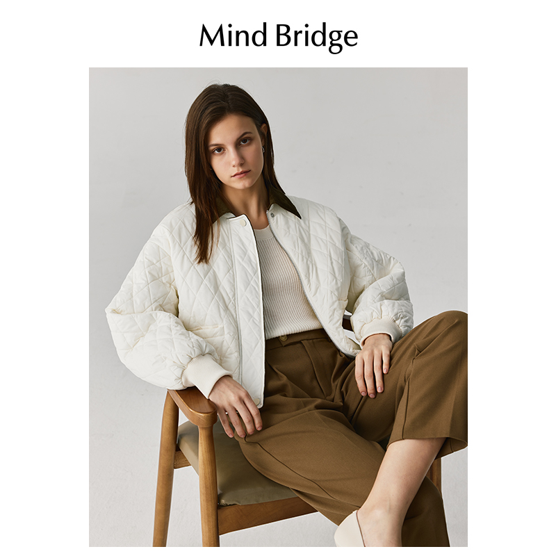 MB MindBridge百家好冬季菱格保暖外套女士2024新款撞色翻领棉服