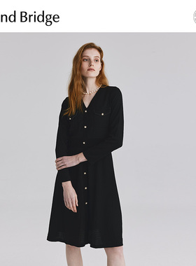 MindBridge2025年秋法式小香风长裙女士黑色连衣裙长袖V领裙子