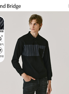 MB MindBridge2026年春条纹拼接长袖polo衫男士时尚上衣设计感T恤