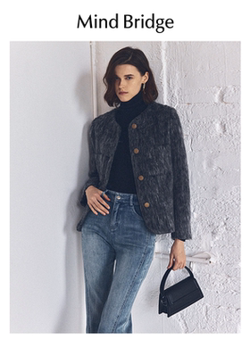 MB MindBridge百家好2024女士小香风圆领羽绒服冬季新款毛呢外套