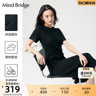 连衣裙女士收腰裙设计感中长款 Mind Bridge夏季 黑色圆领短袖 裙子