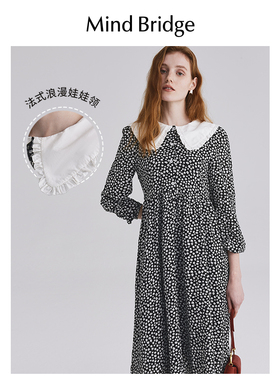 MB MindBridge秋季娃娃领碎花裙2025新款长袖连衣裙女中长款裙子