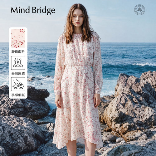 MindBridge碎花长袖中长款连衣裙