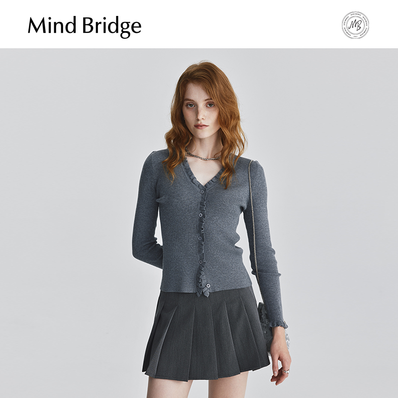 MindBridge2024新款V领长袖女士针织衫秋木耳边开衫法