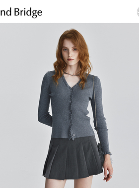 MindBridge2026新款V领长袖女士针织衫春木耳边开衫法式修身毛衣