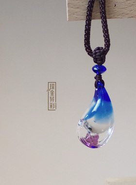 古法琉璃项链蓝色水滴吊坠
