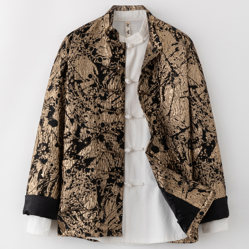 原创中国风国潮唐装男金色提花中式改良手工盘扣外套复古立领上衣