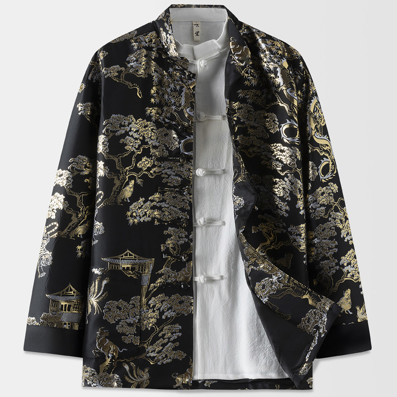 唐装男秋季中国风男装中式复古改良盘扣立领金丝老虎提花国潮外套,男装,唐装,淘宝优惠券,粉丝福利购,淘宝优惠卷