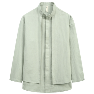 春秋款唐装男苎麻中式衬衫中国风男装全麻上衣大码宽松长袖打底衫