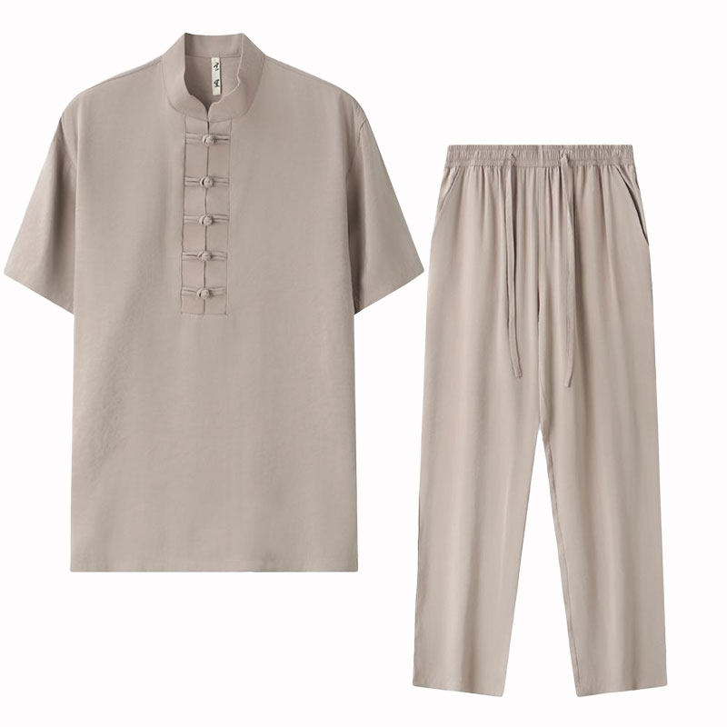 夏季短袖套装男中国风铜氨丝复古盘扣上衣宽松休闲裤两件套唐装男,男装,唐装,淘宝优惠券,粉丝福利购,淘宝优惠卷