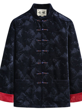 唐装男中国风男装冬季中式改良手工盘扣外套复古山水印花上衣男