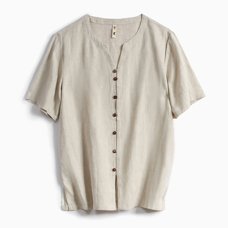 男士圆领休闲半袖纯色棉麻潮衬衫