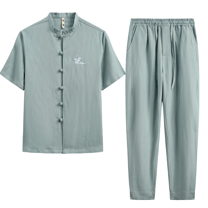 玄笙唐装棉麻套装祥云刺绣上衣男