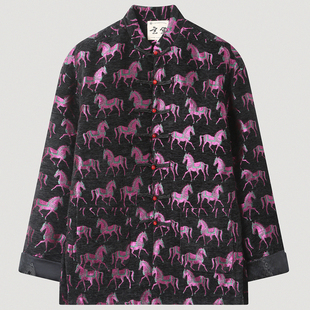 中国风秋冬季新中式唐装男装复古民族风马纹立领盘扣丝绒上衣男