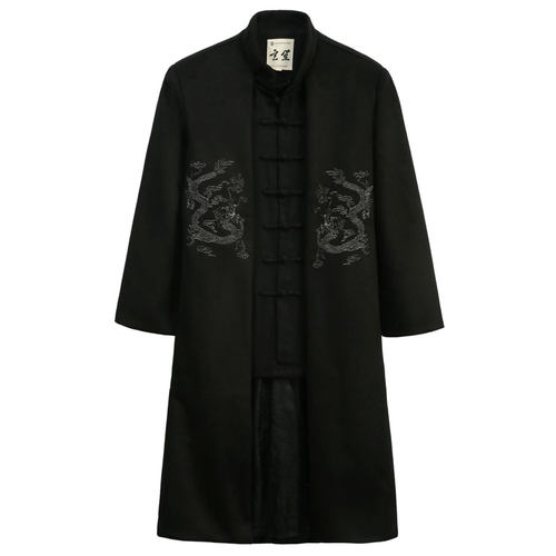 玄笙唐装男中长款假两件毛呢大衣