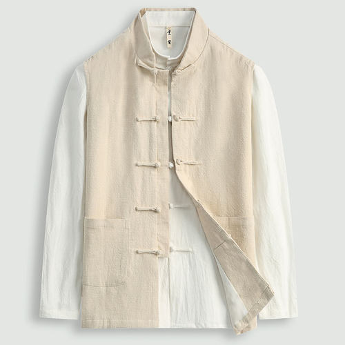 夏薄款棉麻中国风唐装男式马甲夹汉褂盘扣苎麻背心坎肩开衫上衣男