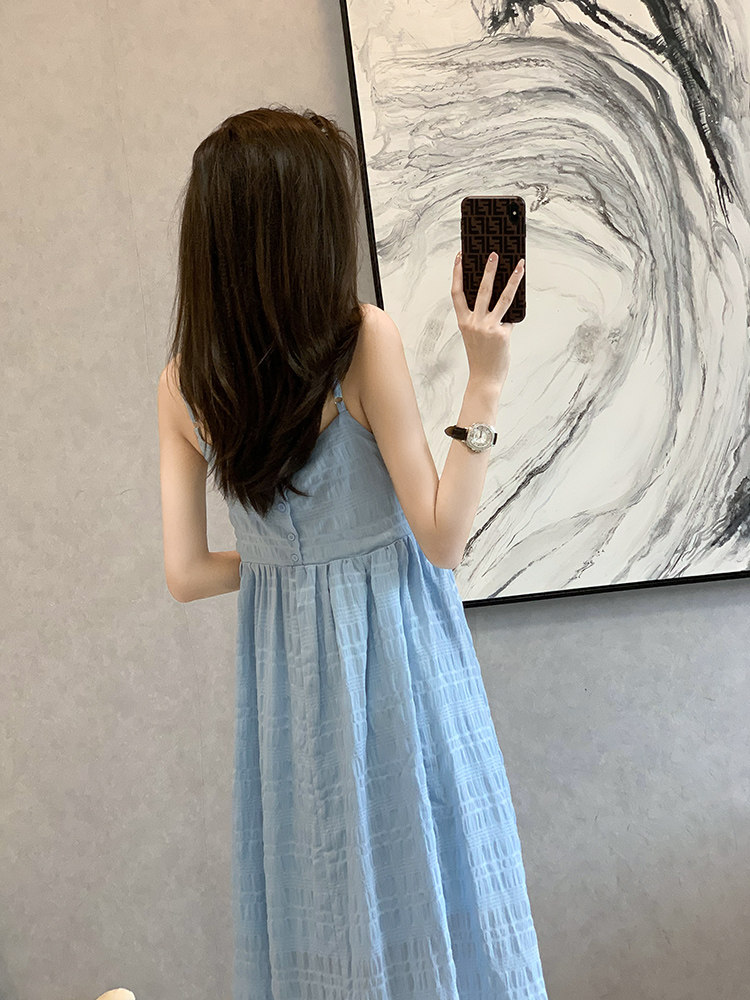 FRENCH SLIP DRESS 2024 SUMMER FAIRY STRIPED PLAID THIN HOT STYLE WAIST SLEEVELESS OVERSIZED SKIRT