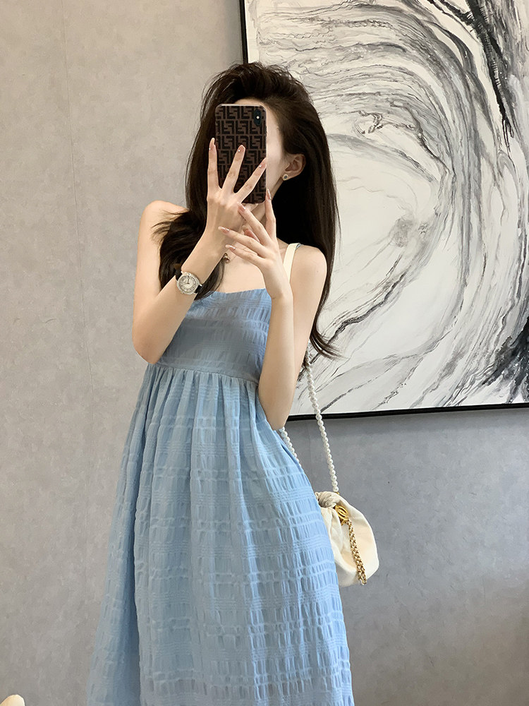 FRENCH SLIP DRESS 2024 SUMMER FAIRY STRIPED PLAID THIN HOT STYLE WAIST SLEEVELESS OVERSIZED SKIRT