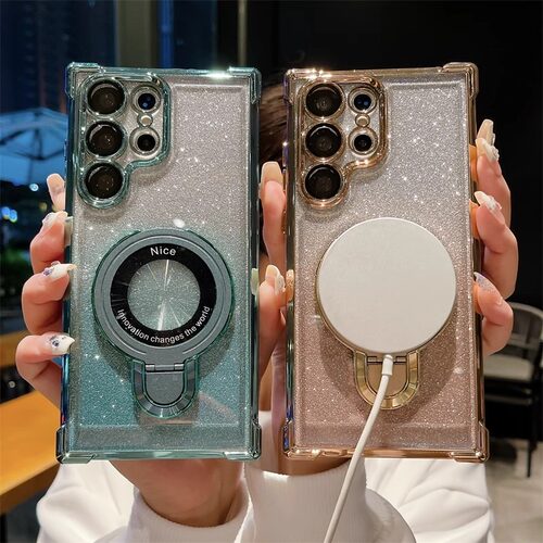 适用三星S25 23 22 21 Ultra Plus亚克力太空壳Note20 10 FE全包镜头膜保护闪粉硅胶软边透明四角防摔手机壳