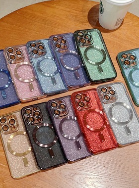 适用苹果17 16 15 14plus电镀磁吸CD纹手机壳13 12高质量Pro max带镜头膜XS全包保护XR防摔无线充电简约透明