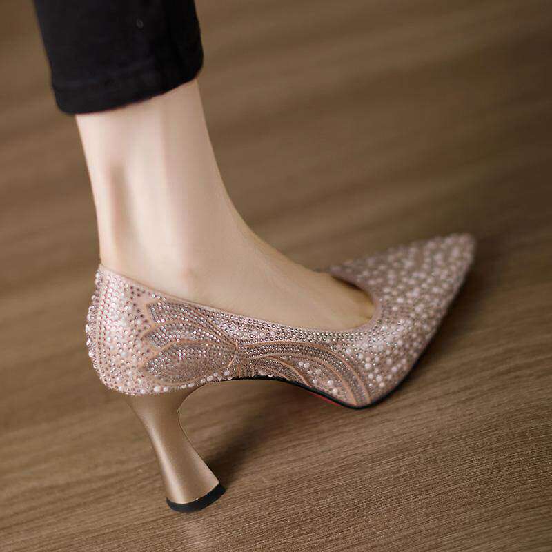 香槟色婚鞋宴会法式高跟鞋小个子尖头浅口单鞋气质通勤伴娘水钻鞋
