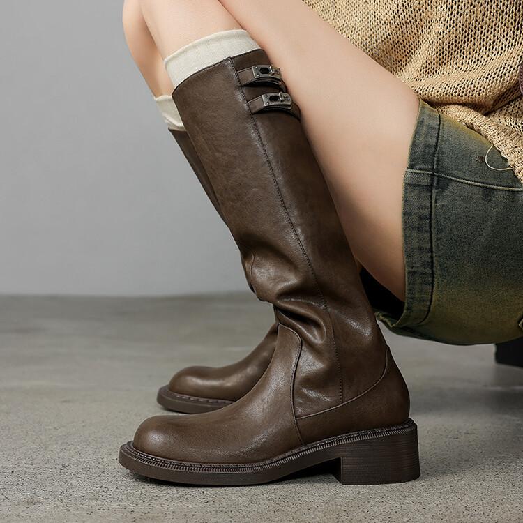 复古锁扣不过膝长筒靴女2025秋冬新款真皮圆头厚底粗跟高筒骑士靴