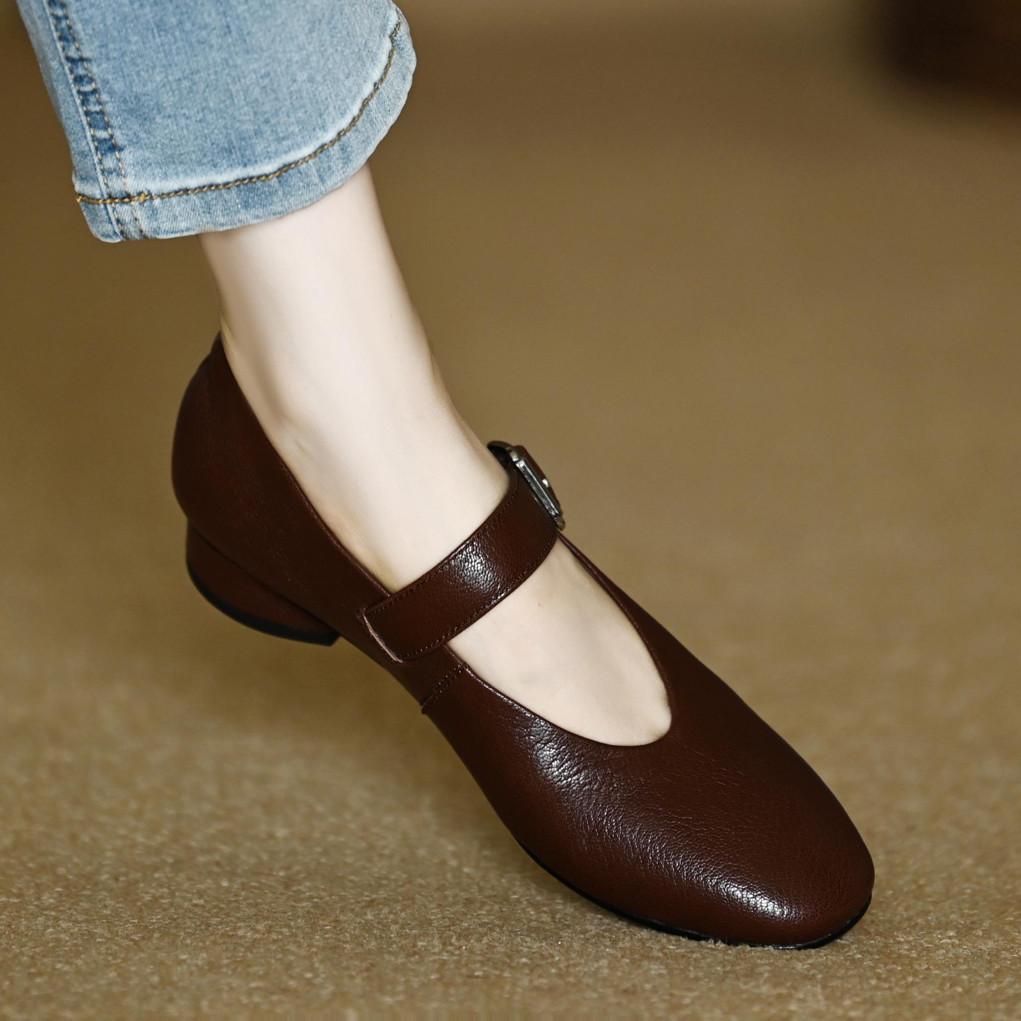 ins巨舒服~浅口单鞋女2025新款复古软羊皮低跟一字扣粗跟玛丽珍鞋