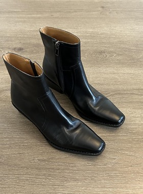 Dannyfrey水洗牛皮真皮短靴女粗跟小方头显瘦裸靴高跟及踝靴手工