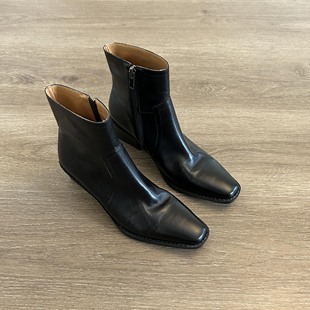 Dannyfrey水洗牛皮真皮短靴女粗跟小方头显瘦裸靴高跟及踝靴手工