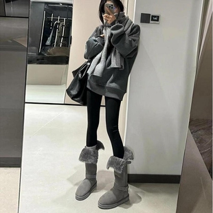 桑坡真羊皮毛一体长筒雪地靴女2025冬季新款厚底灰色毛毛高筒棉靴