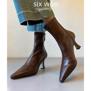 SIXWOO 靴 细腿尖头瘦瘦靴高跟7.5厘米拼接弹力靴细跟后拉链时装