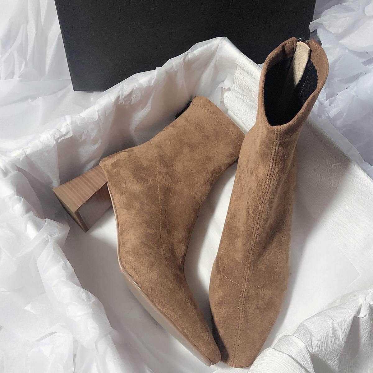 粗跟方头弹力瘦瘦靴显脚踝细后拉链大码真皮高跟女短靴