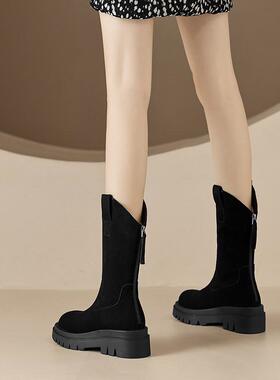 魅鞋诚英伦磨砂皮中筒靴女厚底真皮翻毛皮小个子马丁靴子春秋短靴