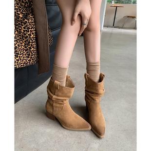 赵露思同款靴子翻毛皮西部牛仔靴短靴尖头V口粗跟高跟棕色堆堆靴