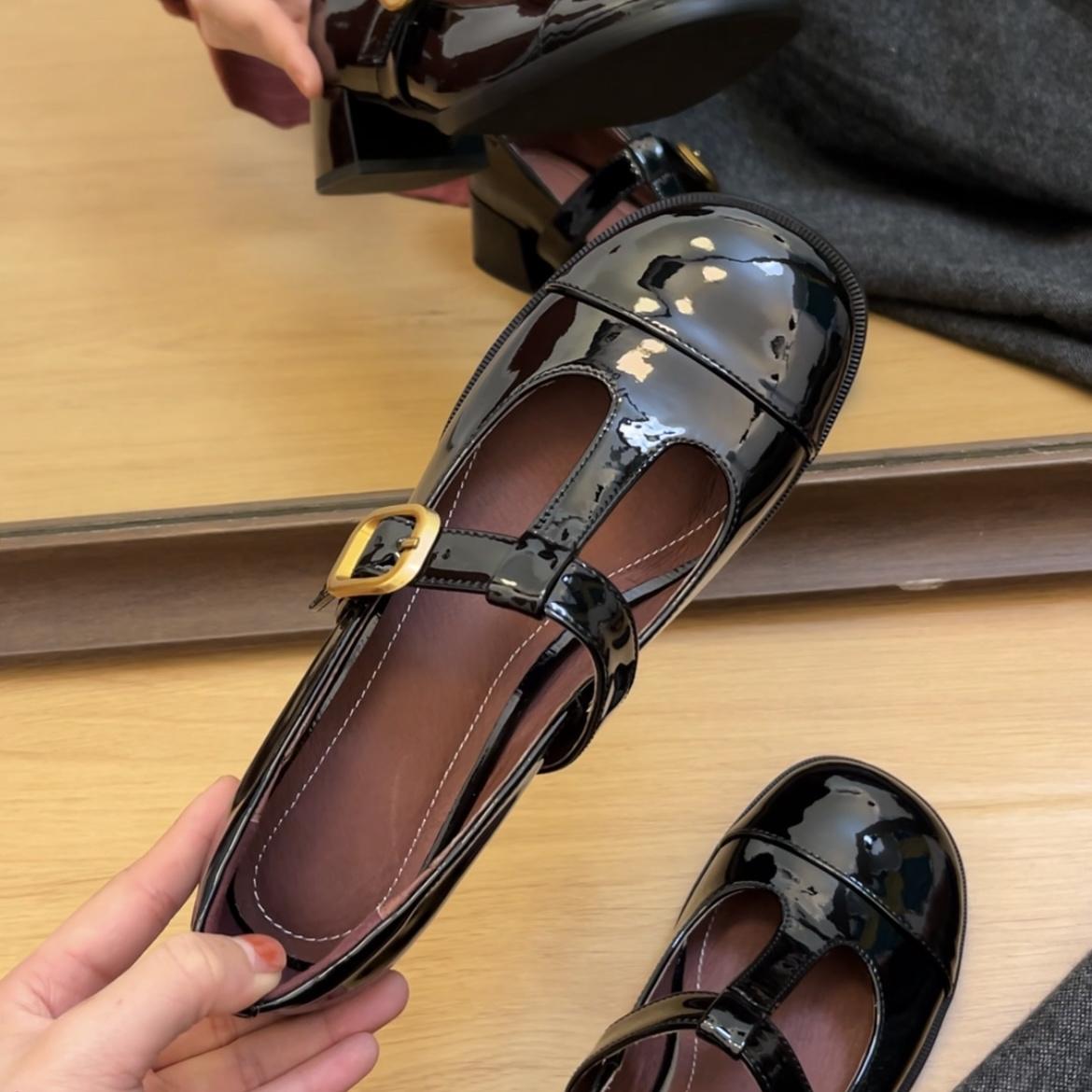 34-43码！法式复古玛丽珍鞋牛皮复古单鞋T字扣女鞋圆头镂空小皮鞋