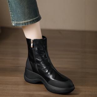 修悦手工女鞋 6.5cm坡跟小短靴小个子拼接厚底马丁靴羊皮切尔西靴