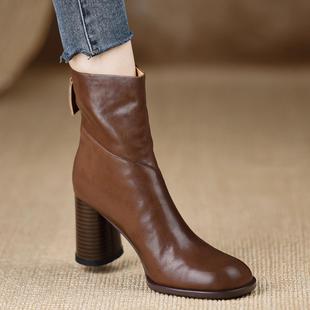 新款 时尚 粗跟圆头高跟后拉链复古牛皮棕色女 7.5cm 熊大叔手工女鞋