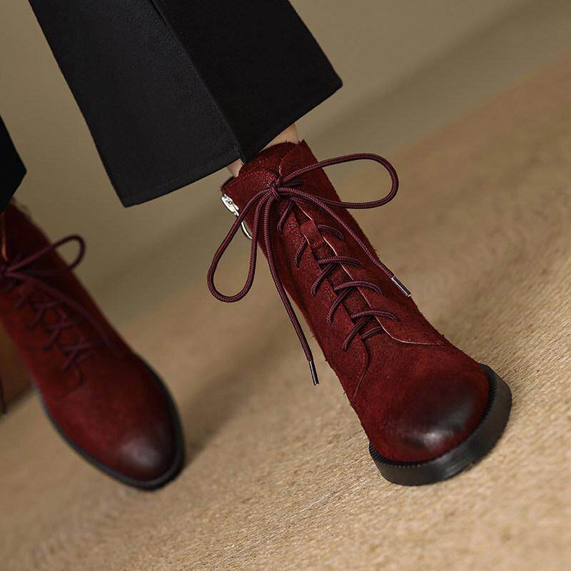 擦色复古中粗跟马丁靴女2024新款秋冬短靴尖头显瘦酒红色及踝靴