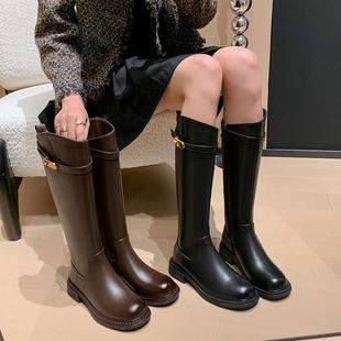 加加大筒围平底靴真皮加肥加宽直筒胖mm骑士靴斜口粗腿长筒靴大码