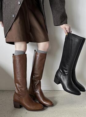 魅鞋诚全牛皮真皮黑色高跟长靴女2025新款小个子增高巨好看骑士靴