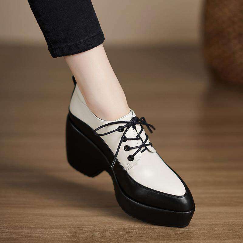 2025秋季新款深口单鞋女小个子厚底不累脚坡跟鞋防水台高跟小皮鞋