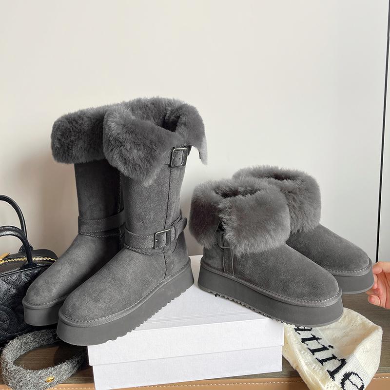 时髦扣带厚底增高羊毛毛翻边保暖棉鞋中长筒短靴灰色雪地靴女冬季