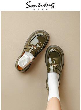 日本ULOVAZN~こくさい馆秋季新款橄榄绿圆头真皮粗跟乐福小皮鞋女